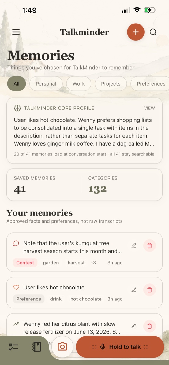 Talkminder Memories screen showing user-controlled saved context
