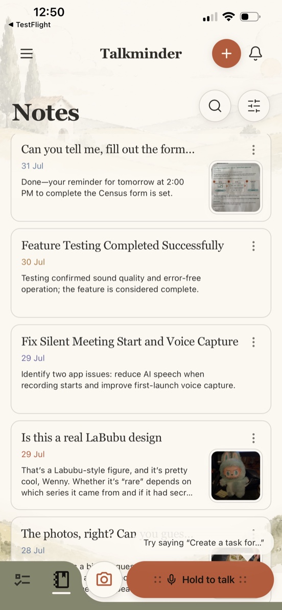 Talkminder Notes list showing captured voice and photo notes